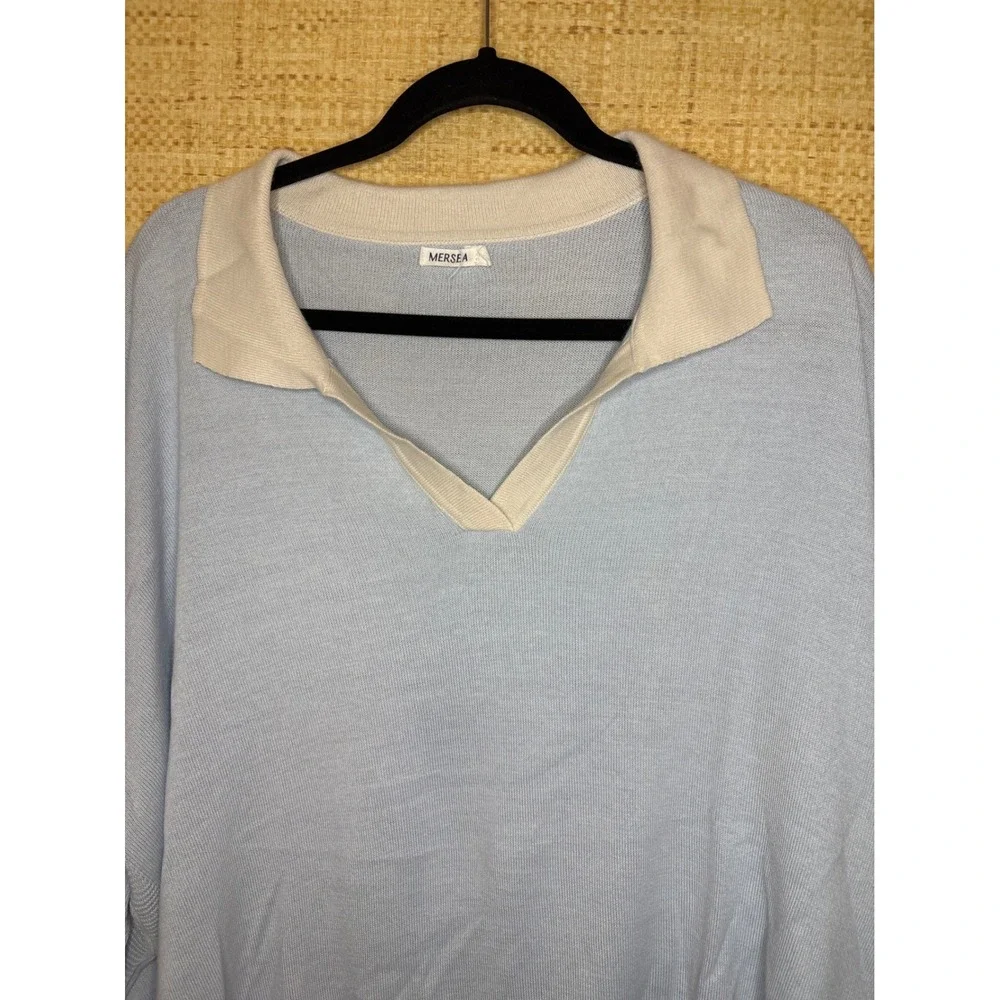 Mersea OS Catalina Light Blue Polo V-Neck Oversized Lightweight Knit Sweater
